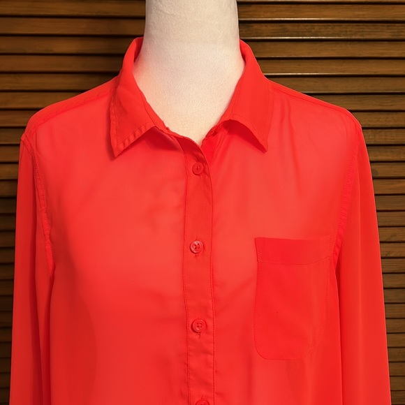 American Eagle Outfitters Neon Orange Sheer Blouse - Picture 2 of 7